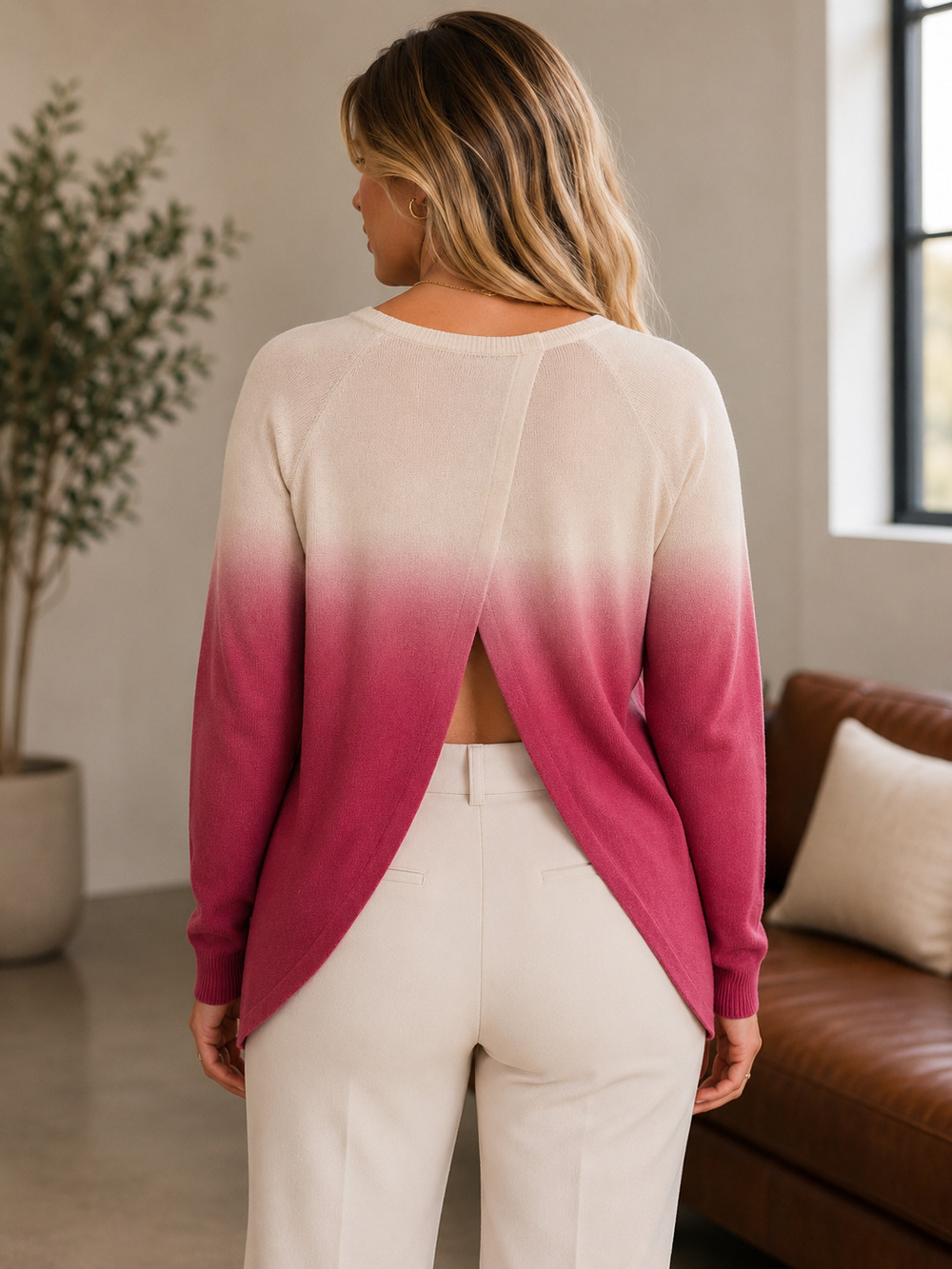 Fraiche by J Ombre Open Back Knit Sweater Women's Pink White Long Sleeve
